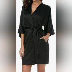 Woman's Satin Robe Silk Kimono Bathrobe In Black, New Elegant Black V-neck Robe, Elegant Black V-neck Sleepwear, Elegant Black Long Sleeve Sleepwear, Silk Robe, Sleepwear Robe, Silk Kimono, Sleepwear Women, Women's Intimates, Satin