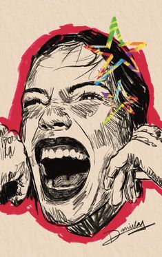 a drawing of a woman screaming while holding her hands to her ear with one hand