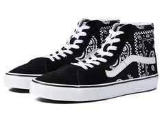 Vans SK8-Hi - Skate Shoes : (Peace Paisley) Black/True White : Keep it old school every step of the way with the classic Vans SK8-Hi skateboard shoes! High-top skate shoes with a classic silhouette and Sidestrap detail. Uppers of suede, leather, or canvas. Cotton drill lining. Padded collar for added comfort and support. Triple-stitch collar adorns collar. Die-cut EVA insert. Vulcanized construction: • Slimmed-down profile offers a flexible feel. • Gum rubber outsole with signature waffle tread Classic Lace-up High-top Sneakers For Skateboarding, Vans Skate Shoes With Vulcanized Sole For Streetwear, Vans Vulcanized Sole Skate Shoes For Streetwear, Vans High-top Canvas Shoes With Laces, Vans Skate Shoes With Branded Insole For Streetwear, Canvas Sneakers For Skateboarding With Round Toe, Urban Vans Canvas Shoes For Skateboarding, Canvas Round Toe Sneakers For Skateboarding, Classic Skate Shoes With Laces For Streetwear