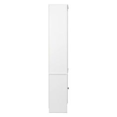 a tall white cabinet sitting on top of a white floor next to a wall mounted mirror