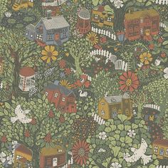 an illustration of houses and flowers on a green background