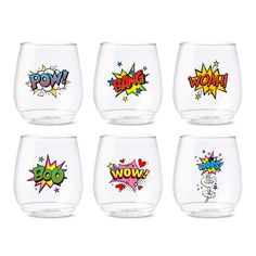 six wine glasses with different designs on the bottom and one has pop written on it