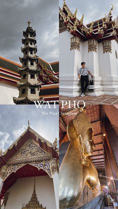 a man sitting on top of a golden buddha statue in front of a tall building