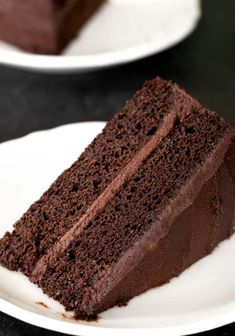 a slice of chocolate cake on a white plate