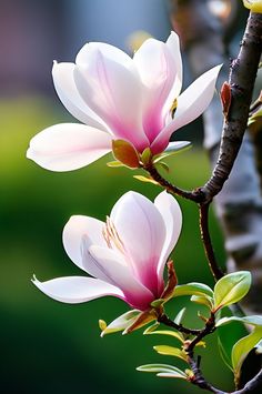 two white and pink flowers on a tree branch