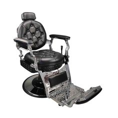 a black and silver barber chair with footrests on the back, in front of a white background