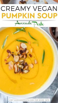 creamy vegan pumpkin soup in a white bowl