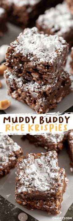 chocolate muddy rice krispy treats stacked on top of each other with the text overlay