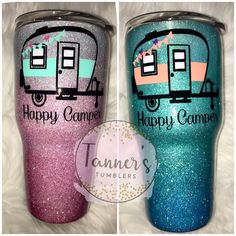 two tumblers with the words happy camper on them