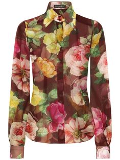 bordeaux red/multicolour silk semi-sheer construction all-over floral print classic collar concealed front button fastening long sleeves buttoned cuffs curved hem Chiffon Tops For Women, Dolce And Gabbana Shirts, Printed Chiffon Tops, Designer Tops For Women, Lawyer Outfit, Printed Silk Blouses, Designer Tops, Anine Bing, Inspo Board