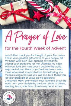 a prayer for the fourth week of christmas, with presents and gifts on a wooden background