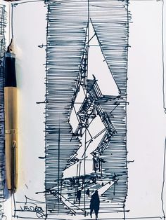 a drawing of a sailboat on paper with a pen next to it and another person standing in the background