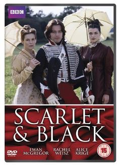 the dvd cover for scarlet and black, with three women in period costumes holding umbrellas