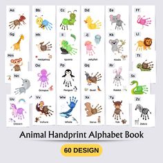 an animal handprint alphabet book for children with different animals and letters on the pages