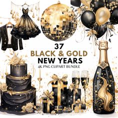 black and gold new year's party bundle with champagne, cake, balloons, gifts