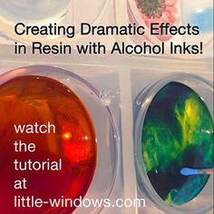 two bowls with different colored liquid in them and the words creating dramatic effects in resinin with alcohol inks