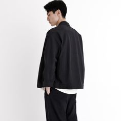 A shirt jacket with a utilitarian touch. Features a paneled construction, spread collar, and button placket. The design is anchored by two oversized gusseted side pockets. Relaxed fit. A staple for transitioning seasons. + Details Color: Black 55% Linen, 45% Cotton XS, S, M, L, XL Julie is 5'9" and wearing a size S Junho is 6'0" and wearing a size S Hand wash cold, lay flat to dry. Do not tumble dry. Can be dry cleaned. + Material A mid-weight woven 55% Linen, 45% Cotton material. This material Button-up Outerwear With Welt Pockets For Streetwear, Streetwear Button-up Outerwear With Cargo Pockets, Black Utility Outerwear With Buttoned Pockets, Black Relaxed Fit Outerwear With Patch Pockets, Black Outerwear With Patch Pockets And Relaxed Fit, Long Sleeve Cargo Pocket Shacket For Work, Black Oversized Outerwear With Welt Pockets, Oversized Black Outerwear With Welt Pockets, Long Sleeve Shacket With Cargo Pockets For Work