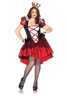 a woman in a red and black costume posing for the camera with her hands on her hips