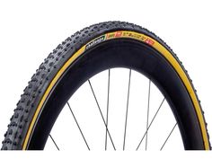 an image of a bicycle tire with yellow and black stripes on the front wheel rim