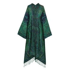 This Verde Verdi Green Paisley kimono coat is sure to make an impact wherever you wear it. It is a true masterpiece of weaving in its detail, colours, and complexity. It is extremely soft, super lightweight, and wonderfully fun to wear over just about anything! The best part about it is that it goes over all of our PAX dress silhouettes. It flatters every figure and every height. As it is reversible you get two completely different coats in one! For some context, the use of boiled wool in clothi One Size Winter Kimono With Kimono Sleeves, Long Green Outerwear For Festivals, Green Fall Kimono With Kimono Sleeves, Green Outerwear With Kimono Sleeves For Fall, Green Fall Kimono, Bohemian Silk Outerwear For Winter, Green Wrap Kimono For Fall, Traditional Green Outerwear With Kimono Sleeves, Bohemian Long Silk Outerwear