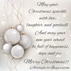 a christmas card with white ornaments hanging from it's sides and the words merry christmas written in cursive writing