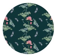 a circular pattern with flowers and leaves on a dark green background for wallpaper or fabric