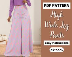 Upgrade your wardrobe with our stylish Palazzo Pants Pattern featuring a side zip, waistband, and no pockets. This easy-to-follow PDF sewing pattern is perfect for creating your own pair of high-waisted, wide-leg trousers that are both comfortable and chic. Say goodbye to ill-fitting store-bought pants and hello to custom-made perfection with our women's pants pattern. With this easy pants pattern, you'll be able to sew up a trendy pair of wide-leg pants in no time. Don't miss out on this opport High Waist Pants With Side Zipper, Palazzo Pants Pattern, Silk Palazzo Pants, Pattern Wide Leg Pants, Wide Leg Pants Pattern, Women Pants Pattern, Pants Sewing, High Waisted Wide Leg Pants, Pants Sewing Pattern