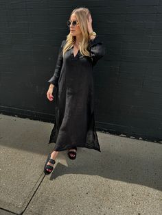 Embrace your inner fashionista with our Positano Maxi Dress. Made from 100% Italian linen, this semi-sheer dress is both light and airy, perfect for those warm summer days. Benissimo! Long sleeve sheer dress Black Light and airy One size fits most Maxi or midi depending on height Model is 5’2, wearing a S Material: 100% Italian linen Wash: Hand wash recommended. Hang to dry. Chic V-neck Linen Dress For Beach, Chic V-neck Linen Beach Dress, Breezy Linen Dress For Spring Day Out, Casual Black Linen Beach Dress, Spring Day Out Breezy Linen Dress, Chic Long Sleeve Maxi Dress For Beach Cover-up, Black Linen Long Sleeve Dress For Spring, Black Long Sleeve Linen Dress For Spring, Flowy Linen Dress For Spring Day Out