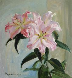 a painting of pink flowers in a vase