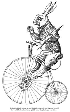 a black and white drawing of a rabbit on a bicycle