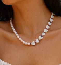 White Pearl Chain Heart Necklace, Dainty White Pearl Heart Necklace, White Pearl Heart Necklace With Pearl Charm, Elegant White Beaded Necklace With Heart Charm, Beaded Pearl Necklace For Valentine's Day, Heart-shaped Pearl Necklace, Heart-shaped White Beaded Necklace With Pearl Charm, White Pearl Heart Necklace With Charm, White Heart-shaped Pearl Necklace With Charm