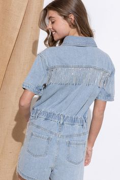 A statement piece that effortlessly combines casual comfort with eye-catching detail. This romper features a unique touch of glamour with rhinestone fringe adorning the sides and back, adding a touch of sparkle to your look. The washed denim offers a laid-back and trendy vibe, while the short sleeves ensure breathability and ease of movement. Measure from size S:Bust: 18"Waist: 16.5" Hip: 19"Length: 34" Style: Edgy Print / Pattern: Washed Denim Silhouette: Overall Romper Fit: Fitted Embellishmen Overall Romper, Rhinestone Fringe, Short Sleeve Romper, Washed Denim, Romper Dress, Sleeved Romper, Denim Pant, Dress Romper, Print Pattern