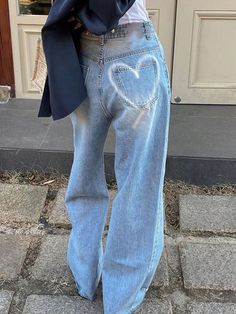 New Loose Straight-Leg Women's Jeans, Autumn Blue Casual   Denim Geometric Straight Leg Non-Stretch  Women Clothing, size features are:Bust: ,Length: ,Sleeve Length: Y2k 90s Aesthetic, Trashy Clothes, Trashy Outfits, Cowboy Pants, Heart Vintage, Baggy Denim, Jeans Y2k, 90s Aesthetic, Printed Jeans