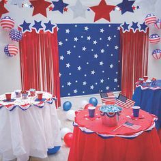 an american themed party with red, white and blue decorations