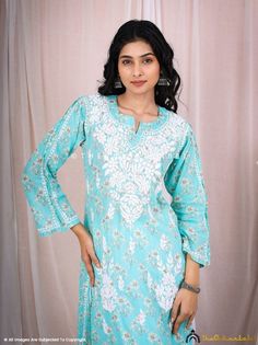 ▪ Fabric: Cotton ▪ Sleeves: 3/4 Sleeves ▪ Style: Straight Kurti ▪ Kurti Length: 46 Inches ▪ Occasions: Party Wear, Office Wear, Festive Wear ▪ Garment Care: Hand Wash Only ▪ Package Contains: 1x Kurti Traditional Blue Blouse With Chikankari Embroidery, Spring Kurta With Chikankari Embroidery And 3/4 Sleeve, Traditional Long Sleeve Light Blue Kurta, Blue Long Sleeve Kurta With Chikankari Embroidery, Light Blue Chikankari Kurta For Diwali, Blue Embroidered Straight Kurta Top, Traditional Blue Straight Kurta Blouse, Traditional Blue Blouse With Printed Motifs, Blue Traditional Wear With Printed Motifs And Long Sleeves