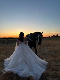 a woman in a wedding dress is standing next to a horse and looking at the sunset