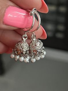 Extra small silver plated jhumki earrings on clip on hoops, Indian style clip on earrings  Earrings dangle 1.50 inches long and are super light perfect for everyday wear.  These beauties are for non pierced ears, they are clip on style. Earrings For Everyday Wear, Cheap Metal Jhumkas With Latkans, Cheap Bohemian Metal Jhumkas, Traditional Silver Dangle Clip-on Earrings, Silver Dangle Earrings With Bells, Silver Earrings With Bells For Festivals, Silver Bell Earrings For Festivals, Drop Clip-on Earrings With Latkans, Silver Metal Hoop Earrings With Latkans