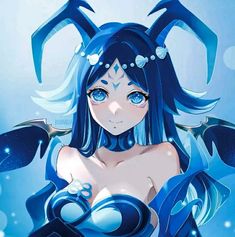 an anime character with blue hair and horns