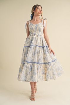 Light Blue Floral Sleeveless Ruffle Tiered Midi Dress – PinkBlush Tierd Dress Patterns, Cute Dresses Cotton, Baby Blue Fitted Wedding Dress, Tiered Smocked Midi Dress, Cute Sleeveless Floral Dress, Light Blue And Cream Dress, Modern Cottage Dress, Floral Shirred Midi Dress, Cottage Chic Dresses