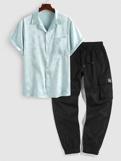 2 Pieces Pattern Shirt And Beam Feet Cargo Pants - Grafton Collection Casual Spring Collared Sets, Casual Sets With Relaxed Fit For Work, Casual Sets With Pockets And Short Sleeves, Casual Sets With Relaxed Fit And Short Sleeves, Casual Cargo Pants, Shirt Pant Set, Patterned Shirt, Pattern Shirt, Set Style