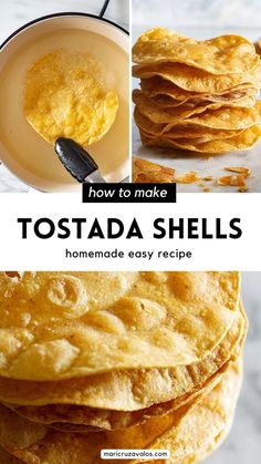 collage of tostada shells preparation with text overlay Homemade Tostada Shells, Tostada Shells, Mexican Chicken Salads, Corn Tortilla Recipes, Fried Corn Tortillas, Tostada Recipes, Crispy Corn, Tortilla Shells, Shells Recipe