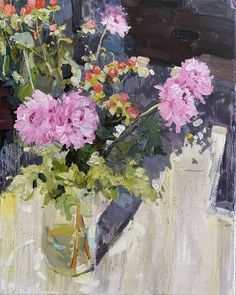 a painting of pink flowers in a vase