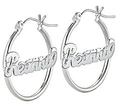 Join the hoopla! Put your name front and center on a pair of sterling silver hoop earrings. There's no mistaking who has timeless taste when you own your look.  Once this item is added to your Shopping Cart, you will be prompted to enter up to eight letters for personalization. Custom Name Sterling Silver Earrings, Silver Hoop Earrings With Name Detail, Custom Name Silver Hoop Earrings For Anniversary, Silver Small Hoop Earrings With Custom Name, Personalized Sterling Silver Hoop Jewelry, Custom Name Silver Hoop Jewelry, Personalized Small Hoop Silver Jewelry, Personalized Sterling Silver Hoop Earrings, Personalized Silver Hoop Jewelry