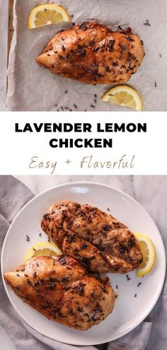 lemon chicken on a white plate with text overlay that reads lavender lemon chicken easy and flavorful