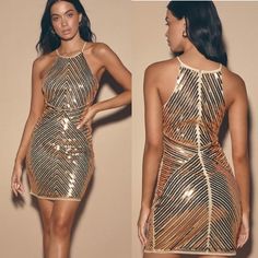 Rows of stunning gold sequins, over beige mesh, are laid in a eye-catching geometric pattern over a sleeveless, bodycon bodice with halter neckline. Short, bodycon skirt. Hidden back zipper/clasp. Lined. 100% Polyester. Hand Wash Cold. Imported. 33" Golden Birthday, Crop Top Sweatshirt, Bodycon Skirt, Gold Sequins, Body Con Skirt, Crop Top Blouse, Halter Neckline, Romper Pants, Halter Dress