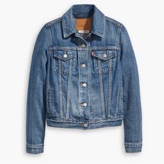 Fitted Trucker Jacket New With Tag 99% Cotton, 1% Elastane Measurements Laying Flat: Armpit To Armpit 19 Inches, Length 20 Inches. Bx:4 Levi Denim Jacket, Levis Denim Jacket, Crop Jean Jacket, Levis Jacket, Jean Jacket Women, Classic Jacket, Black Denim Jacket, Classic Jeans