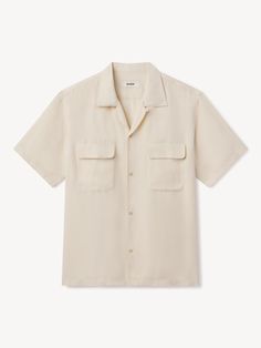 A classic midcentury style in our lightweight linen blend with a slight sheen and luxurious cool hand. | Buck Mason Men's Draped Linen S/S Camp Shirt in Alabaster, Size XS Jefferson White, Buck Mason, Midcentury Style, Fall Outerwear, Italian Dress, Denim Short Dresses, Dyed Linen, Camp Shirt, Linen Shop