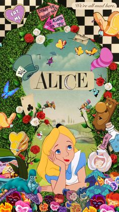 alice and the wonderlands collaged together in an image with many different things around it