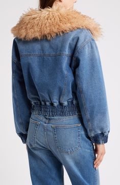 A casual-cool denim bomber is crafted in a classic indigo wash and elevated with a luxuriously plush faux-fur collar. 21" length (size Medium) Front zip closure Wing collar Elastic cuffs and hem Side-seam pockets Lined 100% cotton with 100% polyester faux-fur collar Machine wash, tumble dry Imported Trendy Denim Outerwear With Faux Fur Trim, Fall Denim Jacket With Faux Fur Trim, Denim Jacket With Faux Fur Lining And Long Sleeves, Fall Denim Jacket With Faux Fur Lining, Long Sleeve Denim Jacket With Faux Fur Lining, Spring Casual Denim Jacket With Faux Fur Lining, Casual Denim Jacket With Faux Fur Lining For Spring, Casual Spring Denim Jacket With Faux Fur Lining, Denim Jacket With Faux Fur Lining