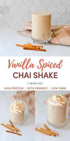 vanilla spiced chai shake with cinnamon sticks in the foreground and on the background